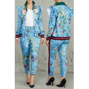 Lovely Casual Floral Printed Blue Blending Two-pie