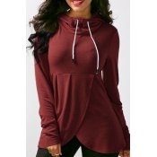 Lovely Casual Drawstring Wine Red Cotton Hoodies