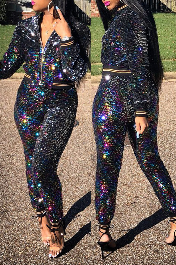Lovely Casual Long Sleeves Sequined Black Two-piece Pants Set