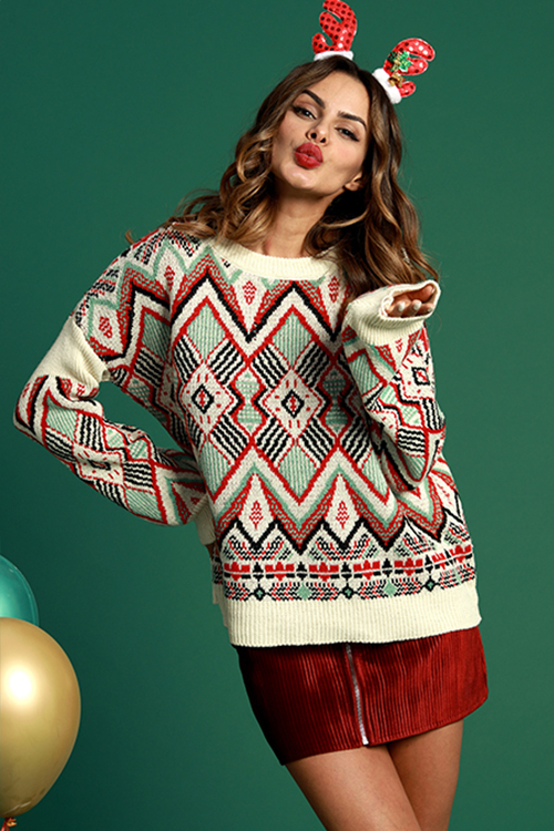 Lovely Vintage Geometric Pattern Ke-Bai Mi Blending Sweaters