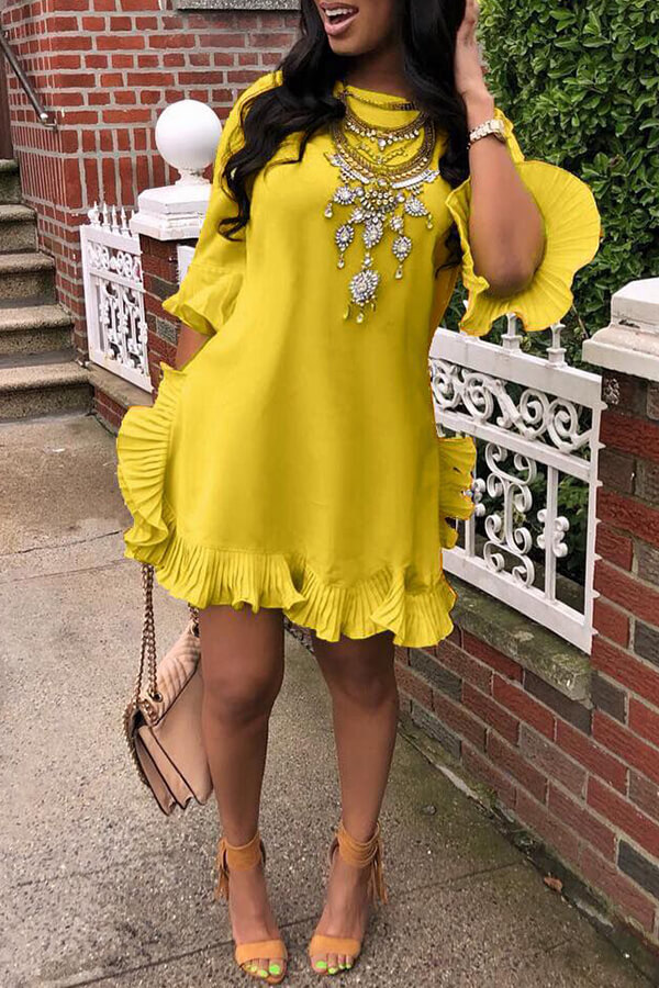 LovelyWholesale Sweet Ruffle Design Yellow Blending Mini Dress Summer Half Sleeve Sweet Round Neck Spring Summer 2024