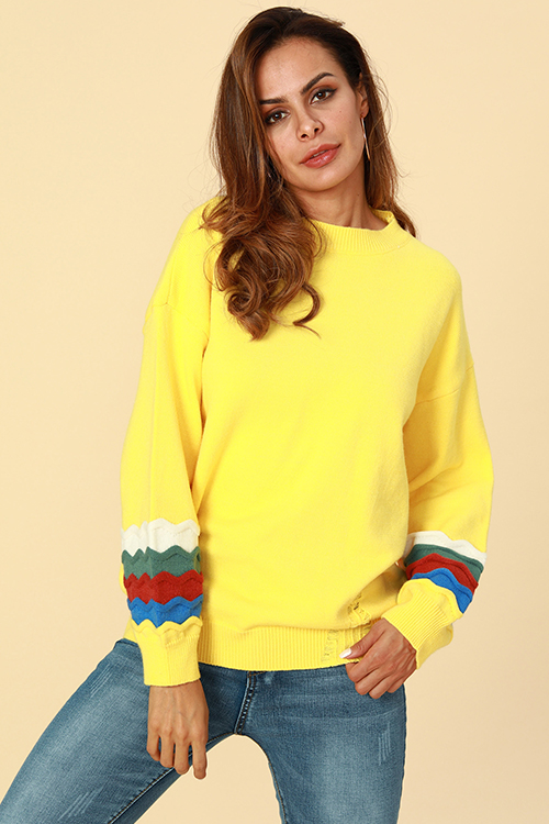 Lovely Chic Patchwork Loose Yellow Cotton Sweaters