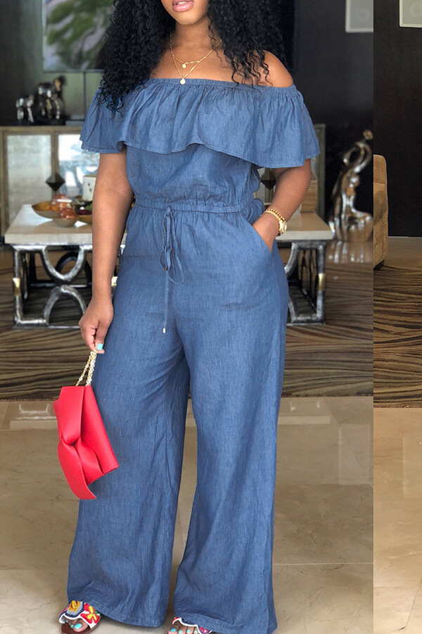 LW Casual Bateau Neck Flounce Blue Denim One-piece Jumpsuits