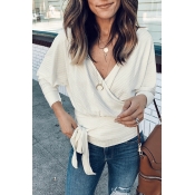 Lovely Casual Long Sleeves Cross-over Design White