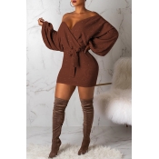 Lovely Fashion Puff Sleeves Brown Mini Dress