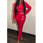 Lovely Sexy Long Sleeves Red PU Two-piece Pants Se