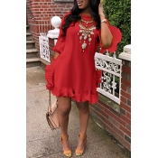 LW Sweet Ruffle Design Red Blending Mini Dress