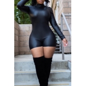 Lovely Sexy Black PU Skinny Rompers