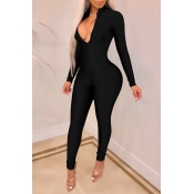 Lovely Casual Long Sleeves Skinny Black One-piece 