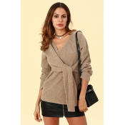 Lovely Chic Lace-up Khaki Sweaters