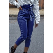 Lovely Trendy Lace-up Blue PU Pants