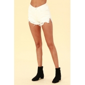 Lovely Trendy Broken Holes Torn Edges White Denim 