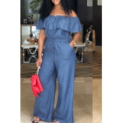 LW Casual Bateau Neck Flounce Blue Denim One-piece