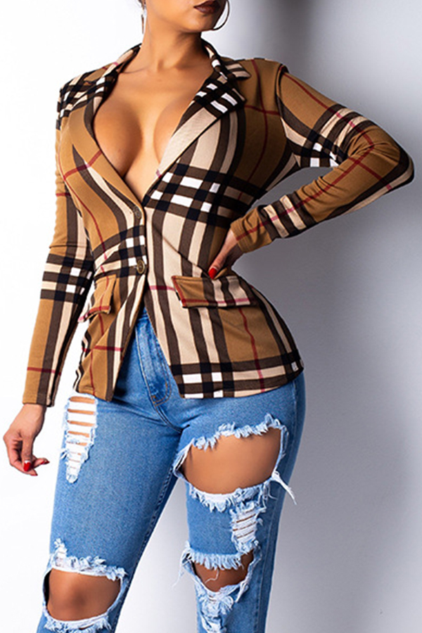 Lovely Casual Grids Printed Brown Knitting Coat