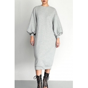 Lovely Casual Puffed Sleeves Grey Cotton Mid Calf 