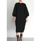 Lovely Casual Puffed Sleeves Black Cotton Mid Calf