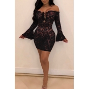 Lovely Sexy See-through Black Lace Mini Dress