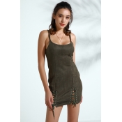 Lovely Trendy Lace-up Army Green Faux Leather Mini