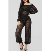 Lovely Sexy Hollowed-out Black Two-piece Pants Set