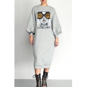 Lovely Trendy Printed Grey Mid Calf Dress