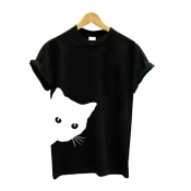Lovely Casual Cat Printed Black Cotton T-shirt