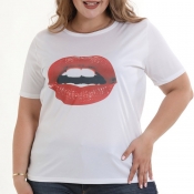Lovely Casual Lip Printed White Cotton Blends T-sh