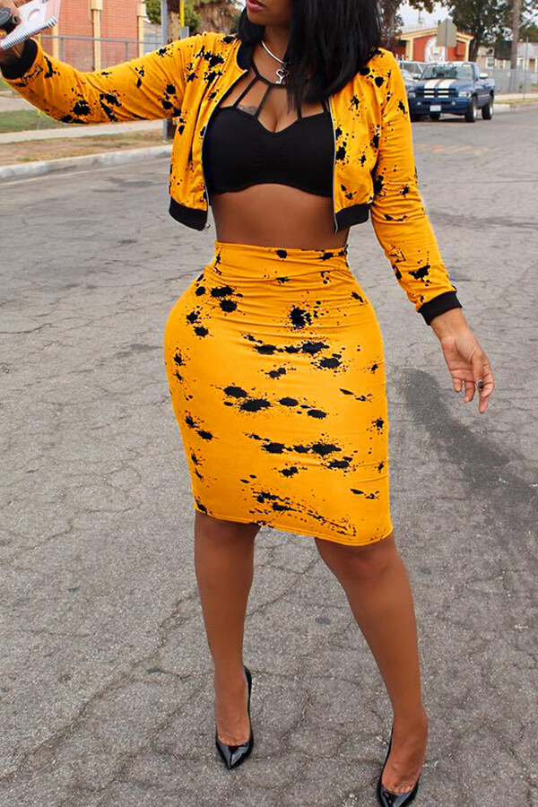 LW Casual Long Sleeves Printed Yellow Blending Two-piece Skirt Set