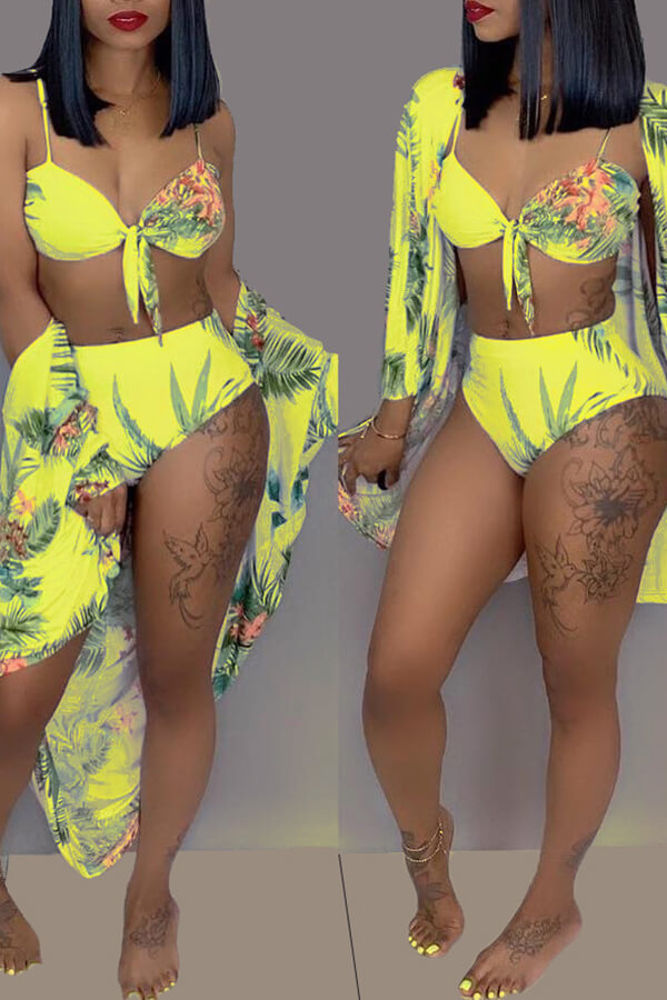 LW Floral Print Bandage Design Three-piece Swimsuit