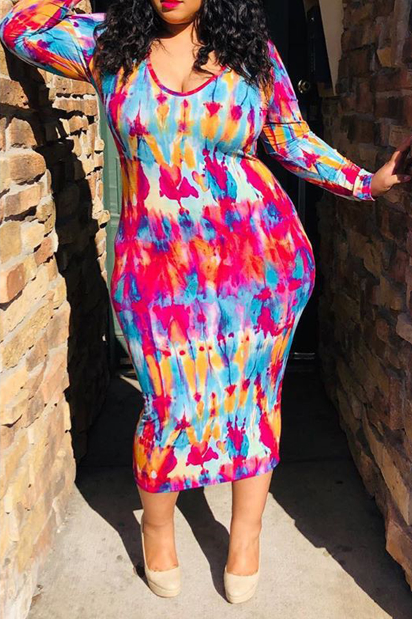Lovely Plus-size Printed Slim Multicolor Mid Calf Dress