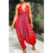 Lovely Ethnic Printed Loose Red One-piece Jumpsuit
