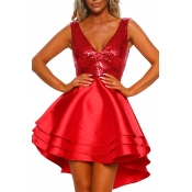 Lovely Temperament Patchwork Red Knee Length Dress