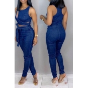 Lovely Casual Hollowed-out Deep Blue Denim One-pie