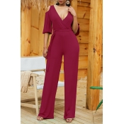 Lovely Casual Dew Shoulder Wine Red One-piece Jump