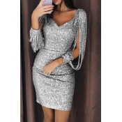 Lovely Sexy Tassel Design Silver Mini Evening Dres
