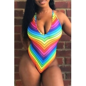 Lovely Trendy Rainbow Striped Multicolor One-piece
