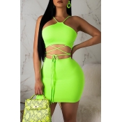 Lovely Casual Lace-up Green Two-piece Skirt Set