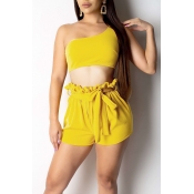 Lovely Casual One Shoulder Yellow Two-piece Shorts
