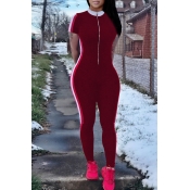 Lovely Casual Patchwork Skinny Wine Red One-piece 