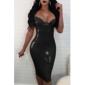 Lovely Sexy Zipper Design Black Knee Length Dress