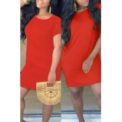 Lovely Casual O Neck Loose Red Mini T-shirt Dress