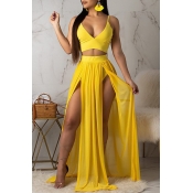 Lovely Casual Side High Slit Yellow Chiffon Two-pi