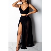 Lovely Casual Side High Slit Black Chiffon Two-pie