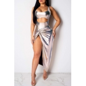 Lovely Sexy Sleeveless Side High Slit Silver Two-p