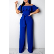 Lovely Blue Ruffle Design Casual Jumpsuit(With Ela