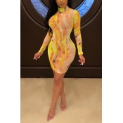 Lovely Sexy Printed Yellow Mini Dress(With Elastic