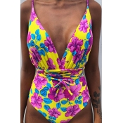 Lovely Floral Print Backless Purple One-piece Swim