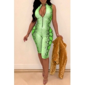 Lovely Sexy Printed Green Twilled Satin One-piece 