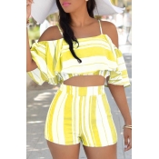 Lovely Casual Sleeveless Striped Yellow Two-piece 