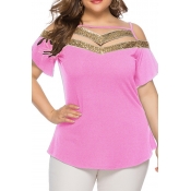 Lovely Plus-size Hollowed-out Pink T-shirt