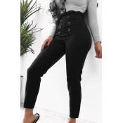 Lovely Casual Buttons Decorative Black Pants